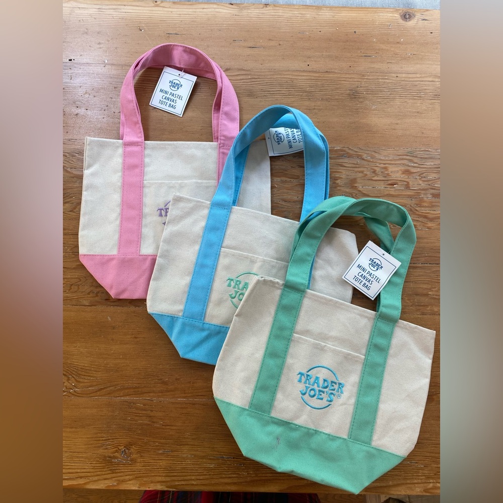 Trader Joe's Mini Pastel Canvas Tote Bag - Mint, Blue, Pink; set of three